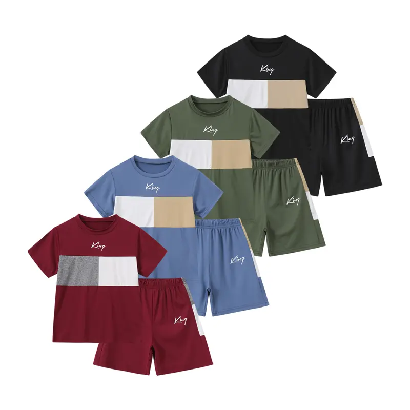 #SummerVibes 8-Piece Boys' Spring/Summer Color-Blocked Patchwork Fashion Letter Print Short-Sleeve Shorts Set: Breathable and Comfortable Summer Casual Sportswear for Boys