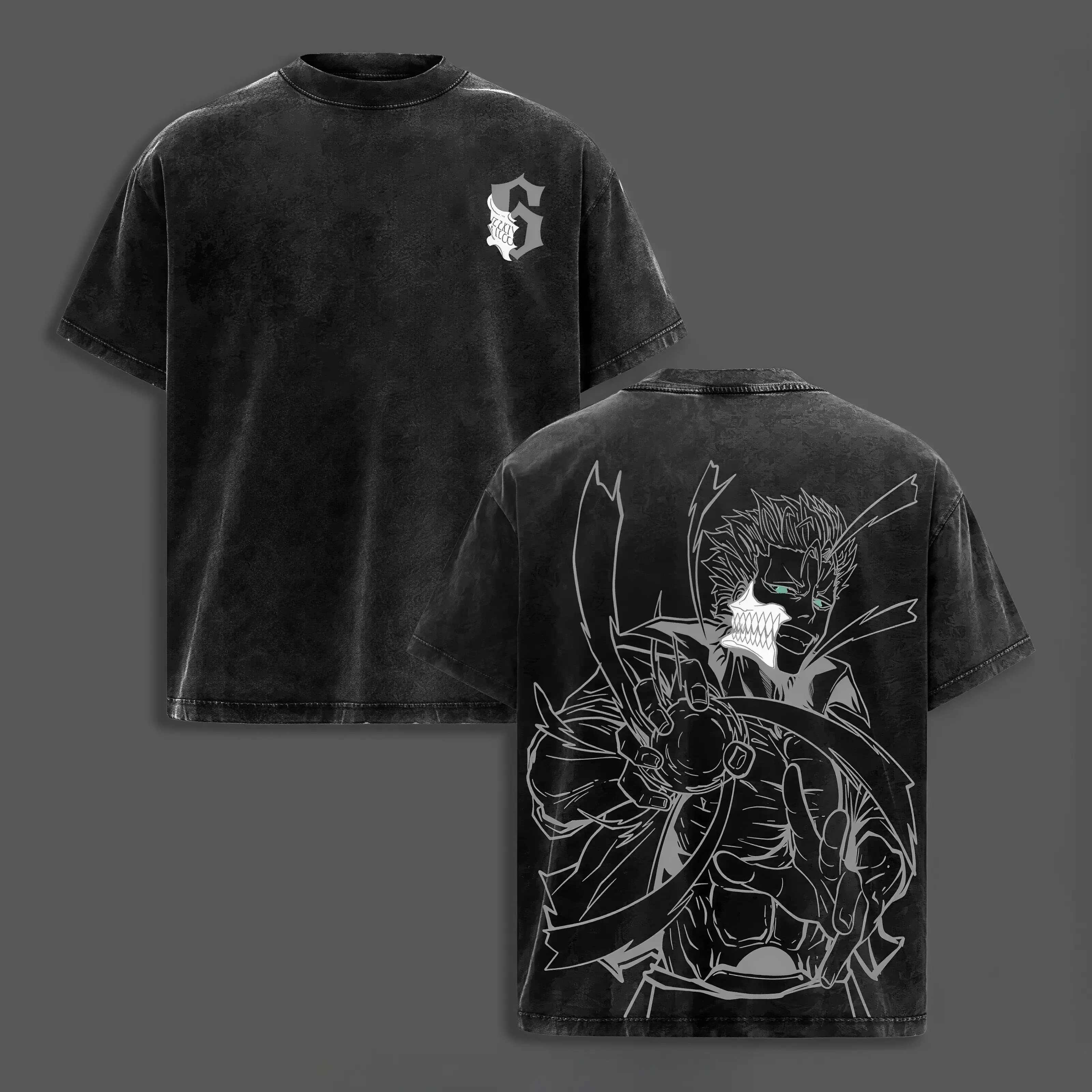 Retro Washed Black Bleach Tshirt Oversized Short Sleeve Streetwear Tee with Ichigo Kurosaki and Grimmjow Jaegerjaquez Graphic Prints for Men and Women Anime Fans