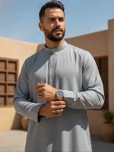 Men's Middle Eastern Traditional Clothing Modesty Thobe Silver Color Stand Collar Light Stripe Embroidered Festival Wear