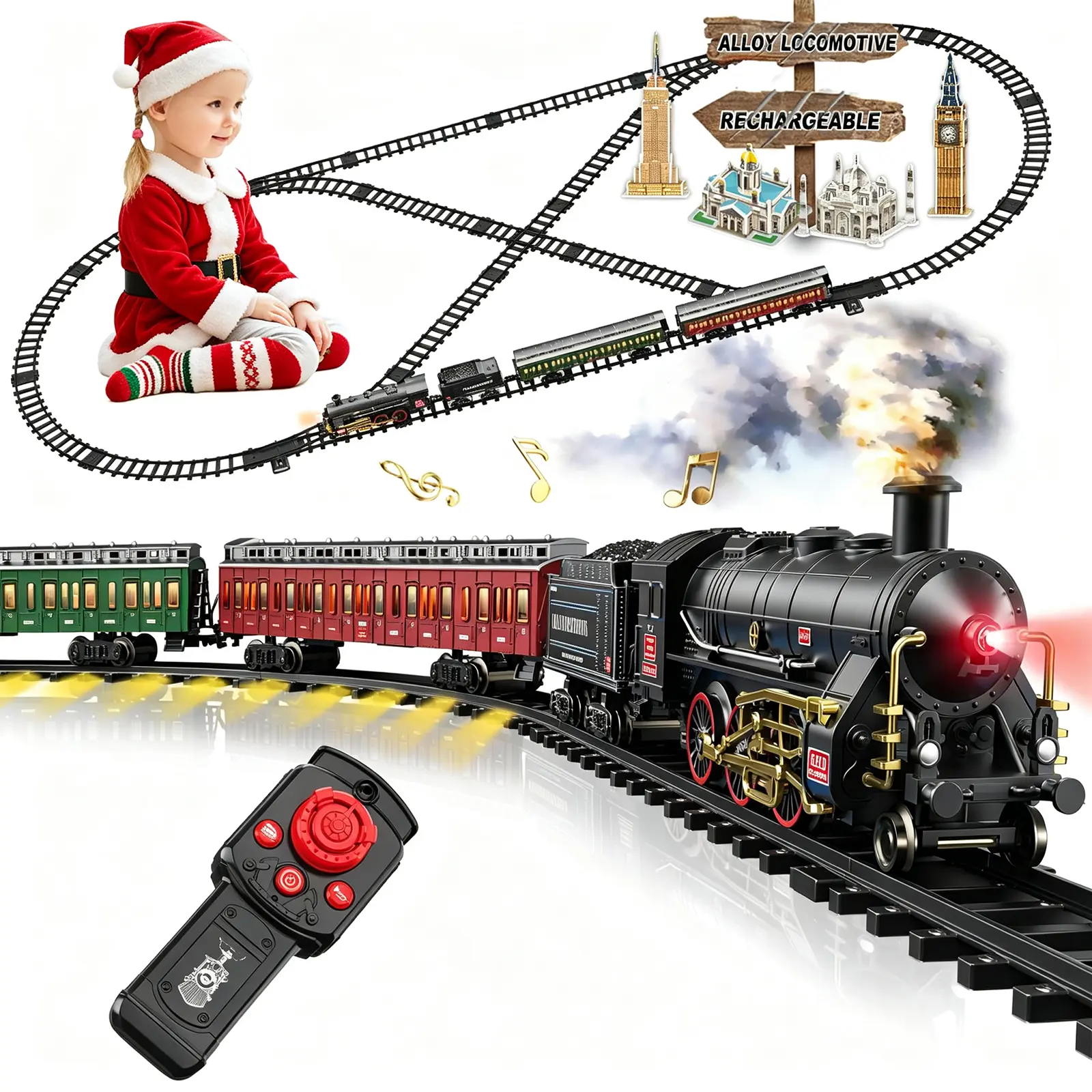 Electric Remote Control Train Set Metal Alloy Steam Locomotive with Glowing Passenger Carriages Smoke, Sound & Light Luxury Tracks Rechargeable Train Christmas Birthday Toy Gift for Boys Kids