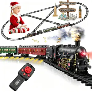 Electric Remote Control Train Set Metal Alloy Steam Locomotive with Glowing Passenger Carriages Smoke, Sound & Light Luxury Tracks Rechargeable Train Christmas Birthday Toy Gift for Boys Kids