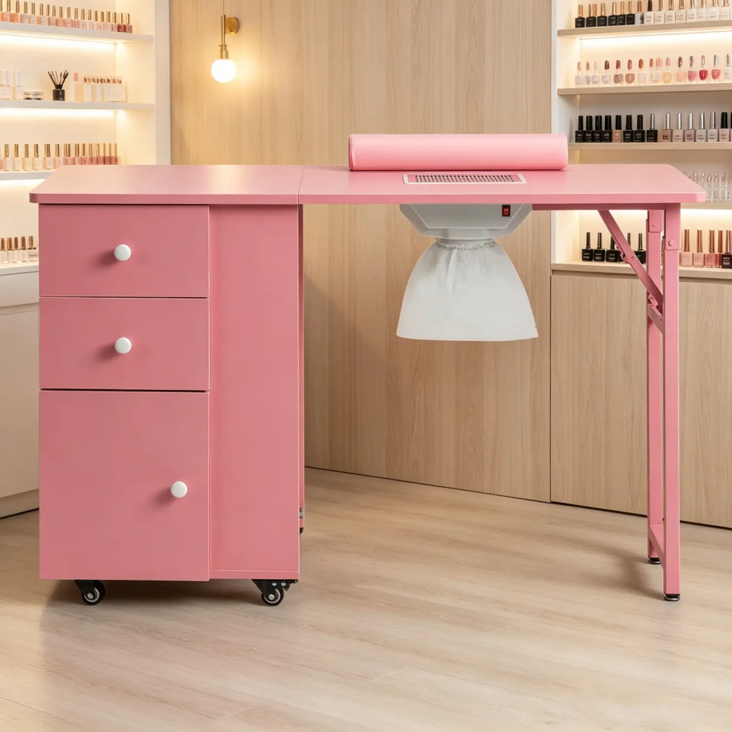 Pink MDF Manicure Table Nail Station, Folding Manicure Desk With Ample Storage Space, Ideal For Nail Art And Beauty Salon Electric Downdraft