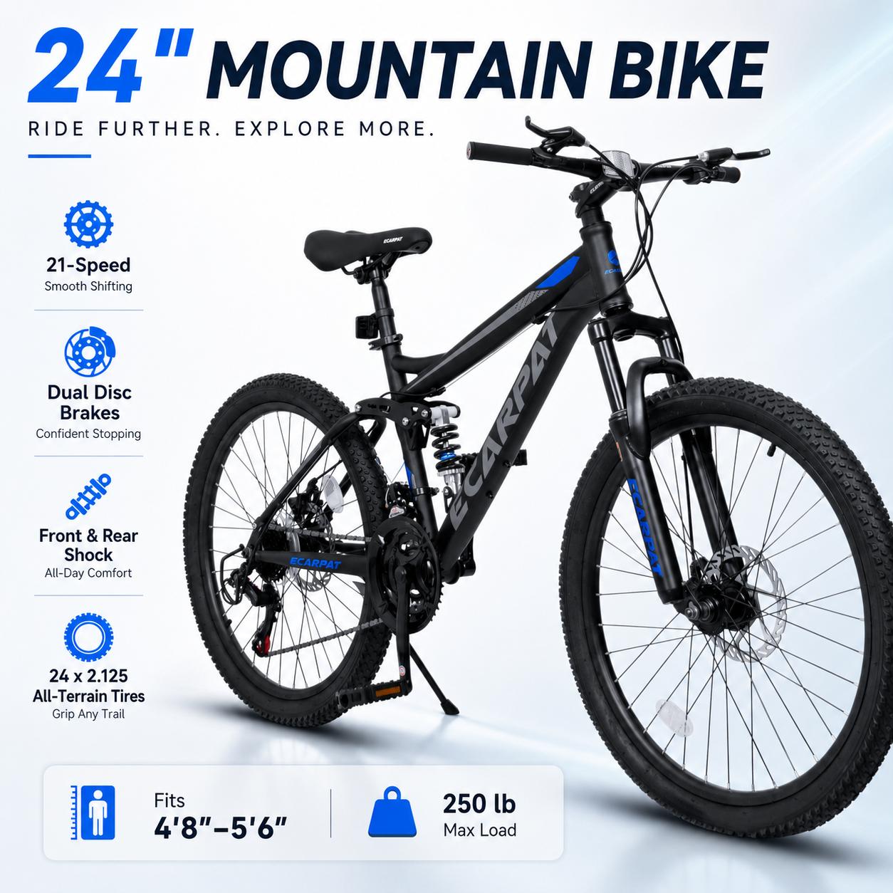 Elon 24 Inch Mountain Bike Full Suspension 21 Speed MTB Bicycle with Gear Indicator Shifter High Carbon Steel Frame Mechanical Disc Brakes Unisex Adult Bike for Men Women Trail Riding Outdoor Fitness Cycling