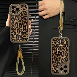 Portable leopard print hanging rope TPU phone case, shockproof and drop resistant, stylish silicone phone protective case, suitable for iPhone 17Pro Max Air 16 Pro Max 15 Plus 14 13 12 11 and Samsung Galaxy S25 S24 S23 S22 series phone cases. A129