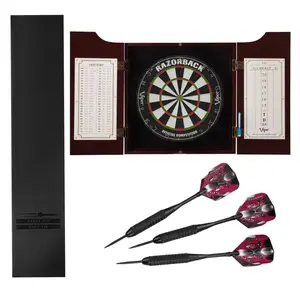Viper Razorback Sisal Hudson Mahogany Cabinet, Padded Dart Mat & Black Mariah Steel Tip Darts, Red