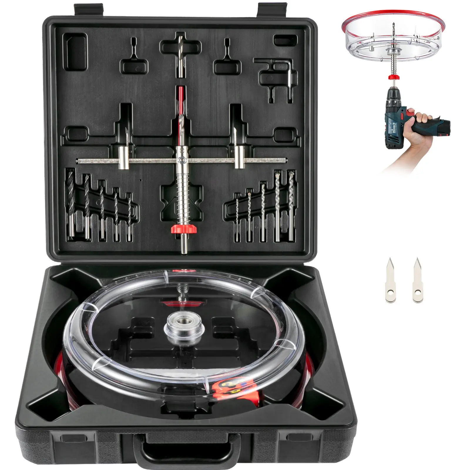 【Summerfinds】VEVOR Adjustable Hole Saw Cutter Kit, 1-5/8" to 8" (40-200 mm), Two Replaceable Pilot Drill Bits, Twin Blade Recessed Hole Saw with PC Dust Shield, for Recessed Lights, Ceiling Speakers, Vent Holes