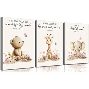 3Pcs Nursery Animal Bible Verse Canvas Wall Art Cute Bear Elephant Giraffe Wall Decor Pictures Christian Baby Nursery Posters Prints for Kids Boys Girls Room Home Decoration