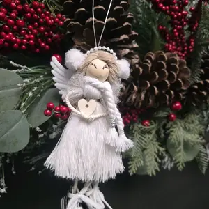 Macrame Snow Angel Decoration Christmas Tree Hanging Car Decor with White Fringe and Heart Detail