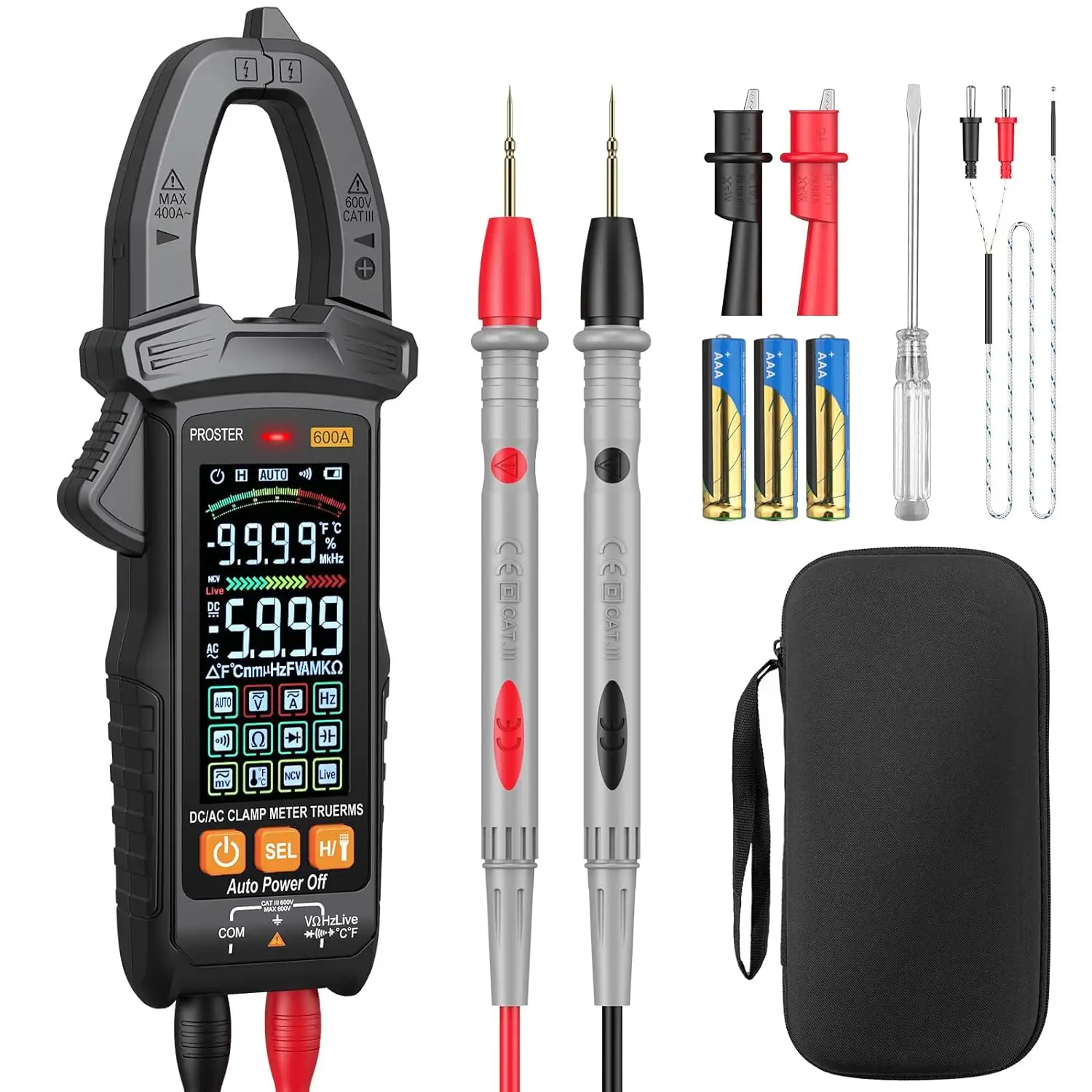 Proster Digital Clamp Meter, 600A DC AC Current, 600V AC/DC Voltage NCV Continuity Capacitance Resistance Frequency Diode Hz Test