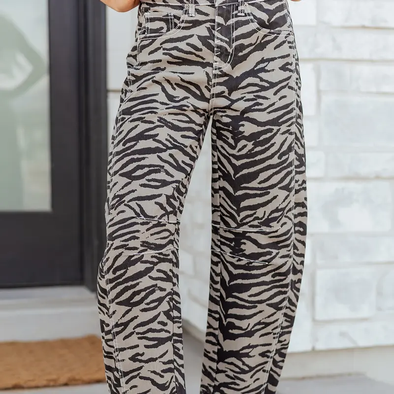 Gray Zebra Stripe Printed Wide Leg Jeans, A Stylish Zebra Print On The Soft, Durable Fabric, Mid-Rise Waist With Button and Zip Closure.