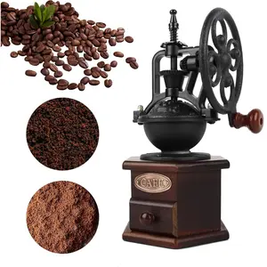 Wooden Coffee Bean Grinder Manual Coffee Grinder Roller, Coffee Grinder, Antique Coffee Mill with Cast Iron Hand Crank for Making Mesh Coffee, Decoration, Best Gift (Brown (six deformation base))
