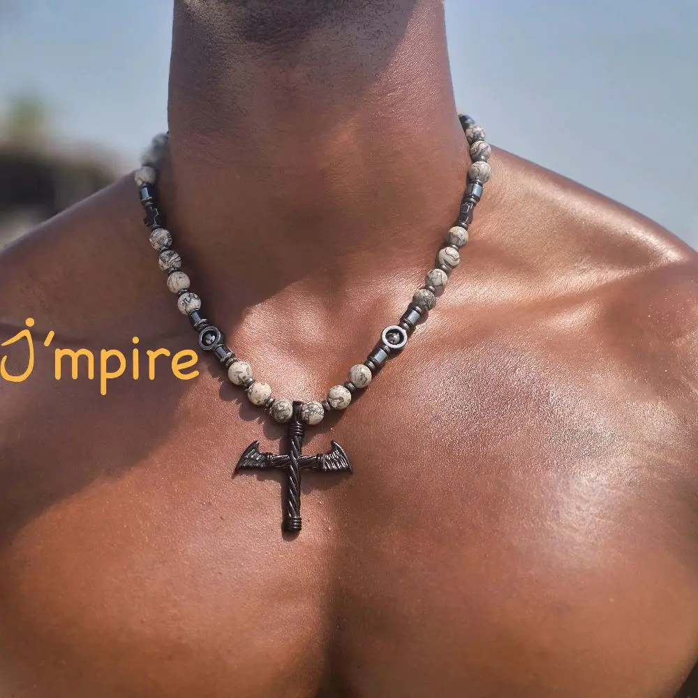IVORY ECLIPSE Ancient White Beaded Chain & Link Choker Necklace with Black Cross Pendant, Female Unisex Luxury Costume Jewelry, Includes Luxury Packaging