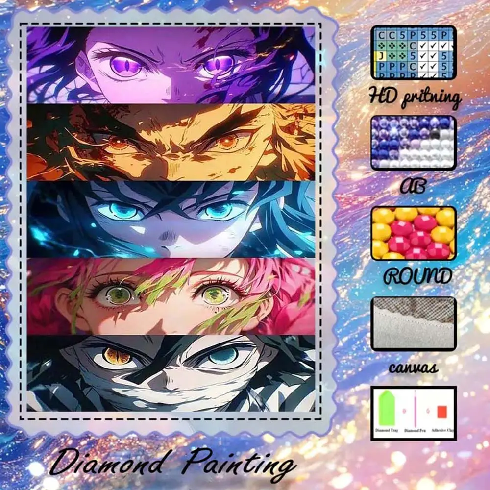 DIY 5D flocked cloth diamond painting kit, AB diamonds, fairy dust diamonds, crystal diamonds, anime characters, eyes, expressions, diamond embroidery, special craft diamond art kit, wall decoration, gift for family, lovers, friends.