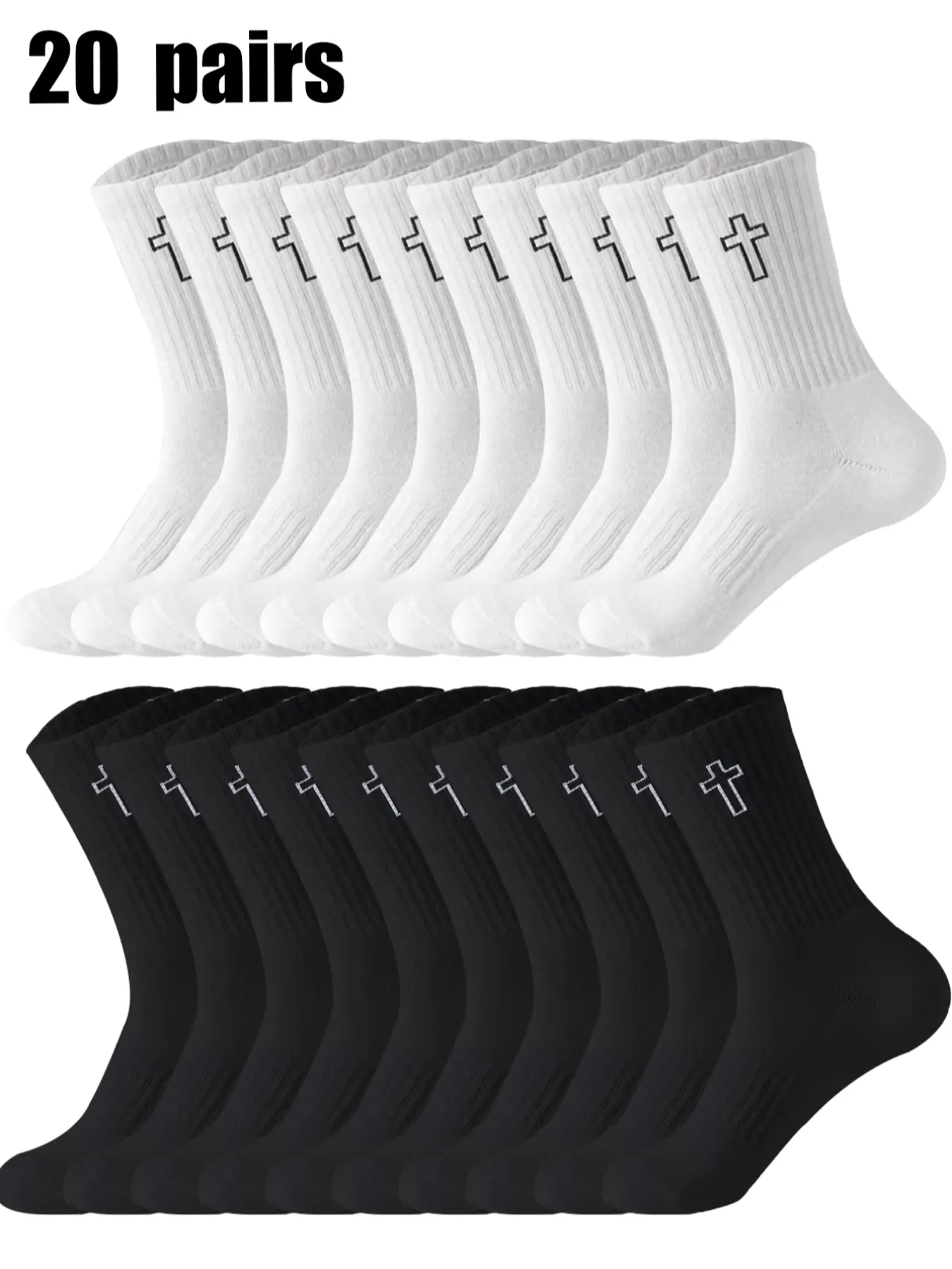 20 pairs of men's mid-calf socks, cross design, simple and versatile, suitable for daily wear, All Season Socks
