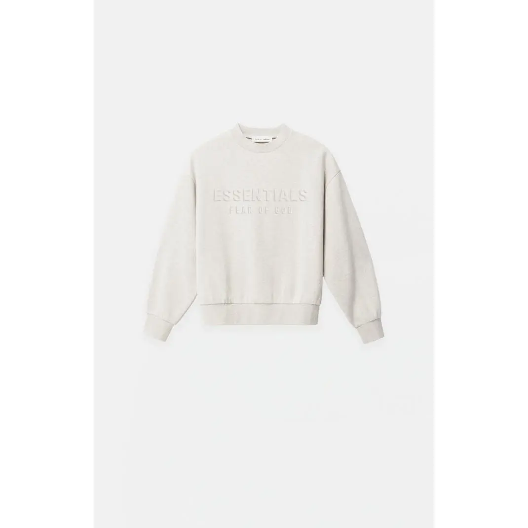 Fear of God ESSENTIALS Men's Kids Heather Oatmeal Embossed Classic Crew Neck Sweatshirt