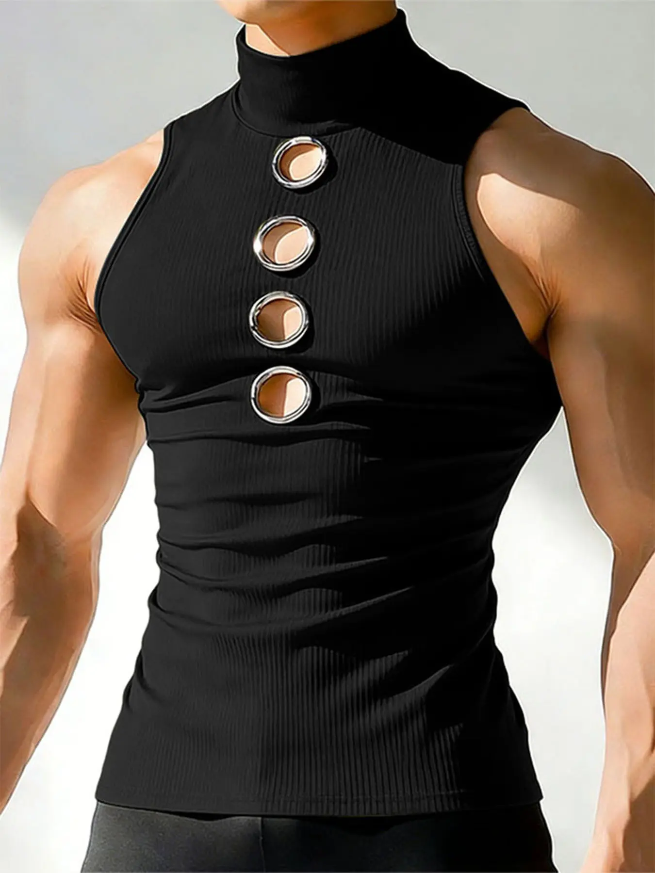 INCERUN Men's Fashion Casual High Neck Design Metal Buckle Plain Vest, Sleeveless Workout Vest, Summer Gym Wear or Daily, Gym Apparel, Fitness Workout Vest, Yoga Sports Vest, Sports Vest Top, Gym Clothes Workout, Stylish and Comfortable