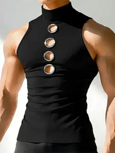 INCERUN Men's Fashion Casual High Neck Design Metal Buckle Plain Vest, Summer Gym Wear or Daily, Fitness Workout Vest, Stylish and Comfortable