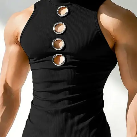 INCERUN Men's Fashion Casual High Neck Design Metal Buckle Plain Vest, Sleeveless Workout Vest, Summer Gym Wear or Daily, Gym Apparel, Fitness Workout Vest, Yoga Sports Vest, Sports Vest Top, Gym Clothes Workout, Stylish and Comfortable