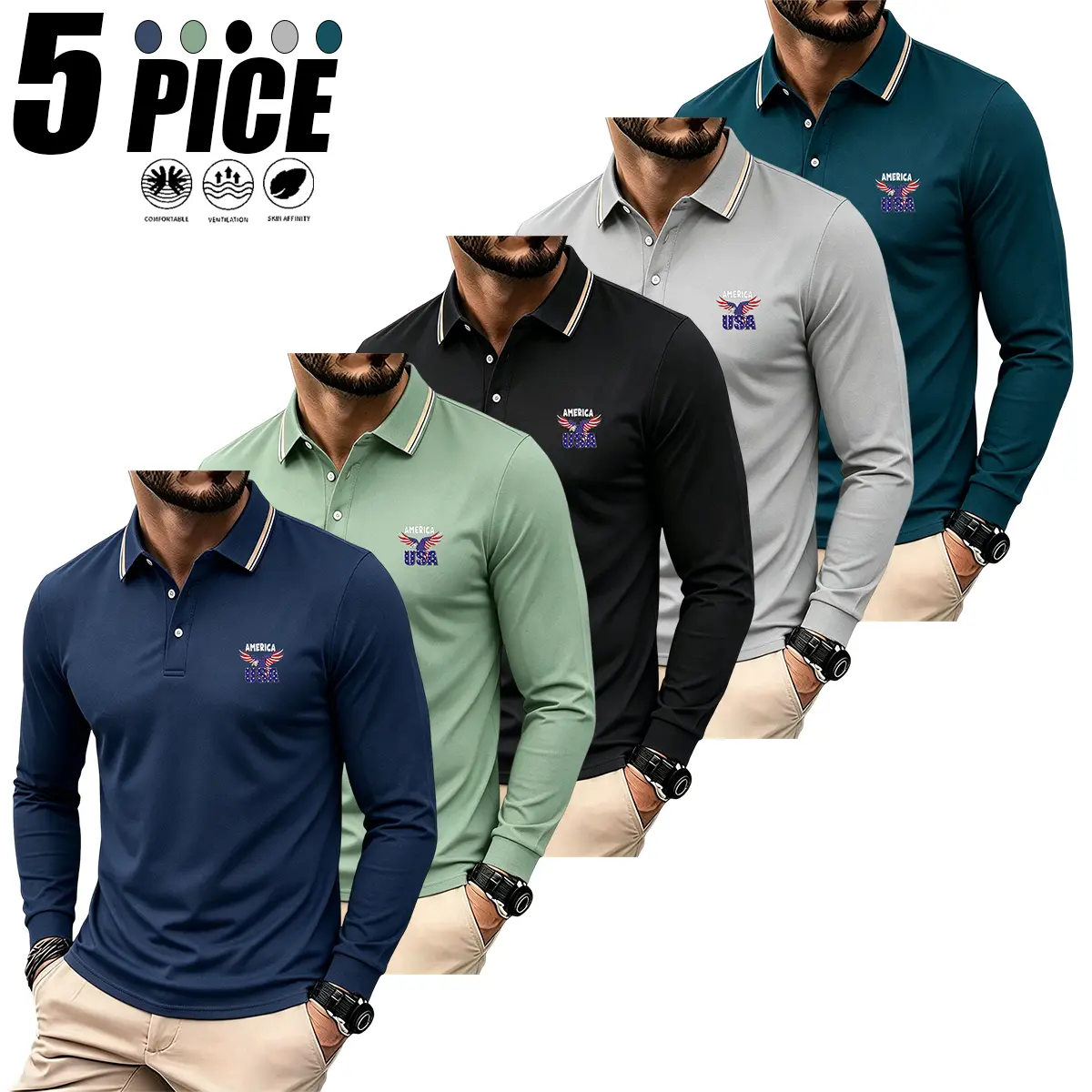 Men's Casual Tops, Retro Preppy Geometric Print Button-Down Shirt with Collared Neck for Everyday Wear, Dark Blue + Bean Green + Gray, Dry Clean, Buttoned, Xl