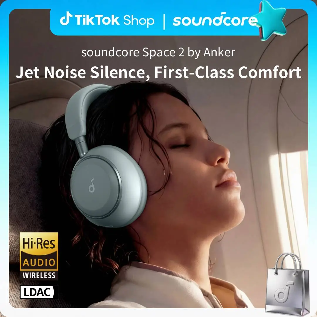 soundcore Space 2 by Anker Bluetooth 6.1 Wireless Headphones - Active Noise Cancelling, Comfortable Fit, 50H Playtime, LDAC HiRes Audio, Dual Connection, Distinct Calls, Nap Mode, Wearing Detection, Cool Tech Gadgets for Traveling, Long-Lasting Batteries