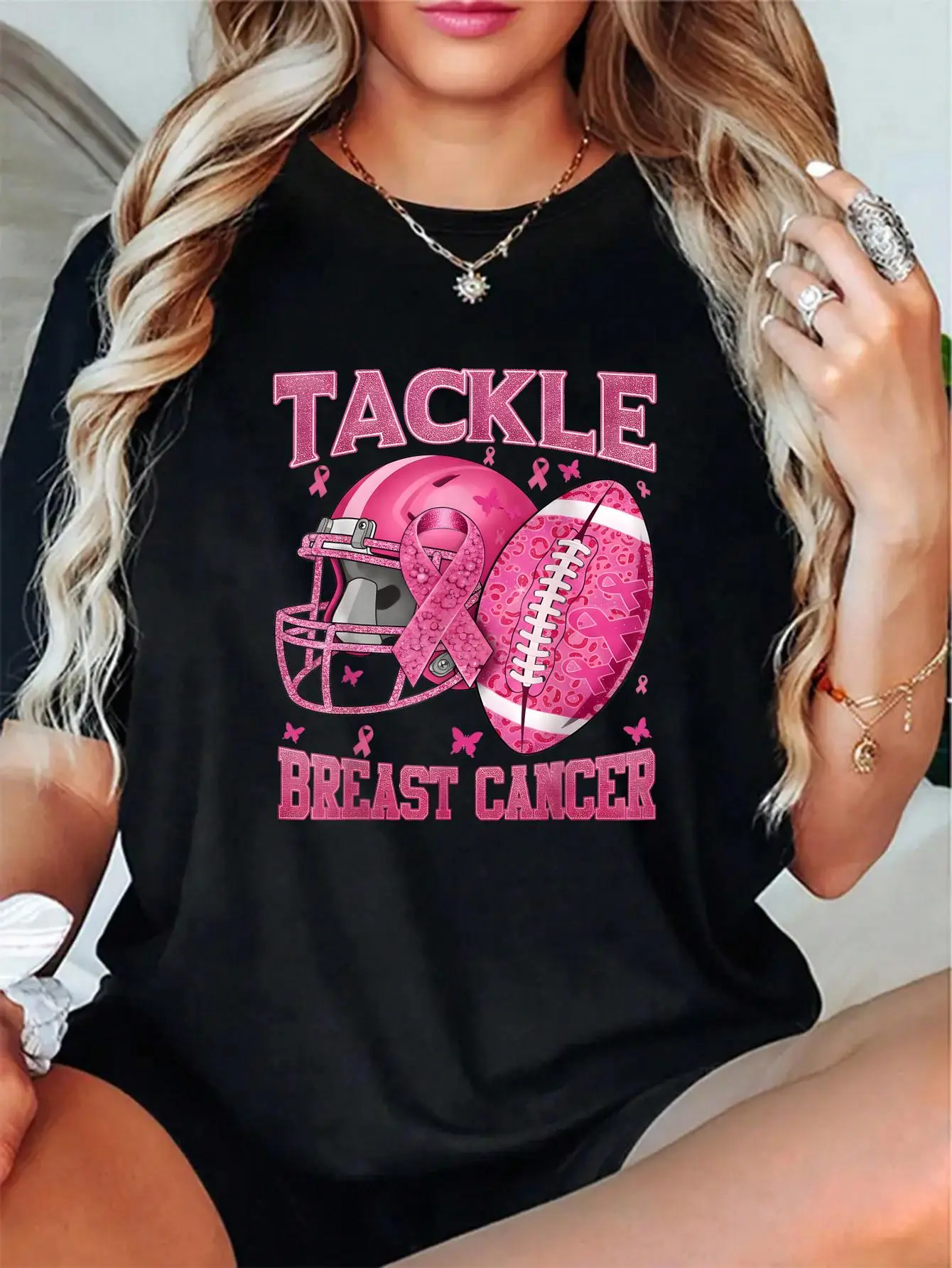 Women's 100% Cotton Short-Sleeve Loose-Fitting Football Jersey T-Shirt - Pink Ribbon Leopard Print, Breast Cancer Awareness, Breathable, Soft, Crew Neck, Round Neck, Casual Clothes, Party Outfit, Jeans-Friendly, All Seasons Everyday Top