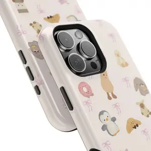 Jellycat-Inspired Animal Character Collage Smartphone Case, Tough Dual-Layer Shockproof Cellphone Accessory, Pastel Pink Bow Plush Snack Aesthetic (Compatible with iPhone 17 Pro Max, Samsung S21-S25 Ultra, Handheld Device Lovers)