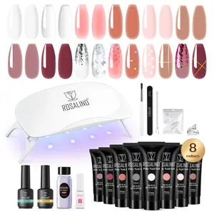 ROSALIND Mini 8Colors Poly Nail Gel Kit Beginner Friendly Kit with Mini UV Light Nail Tools Classic Clear Nude Pink Jelly Colors for Nail Art Extension Design