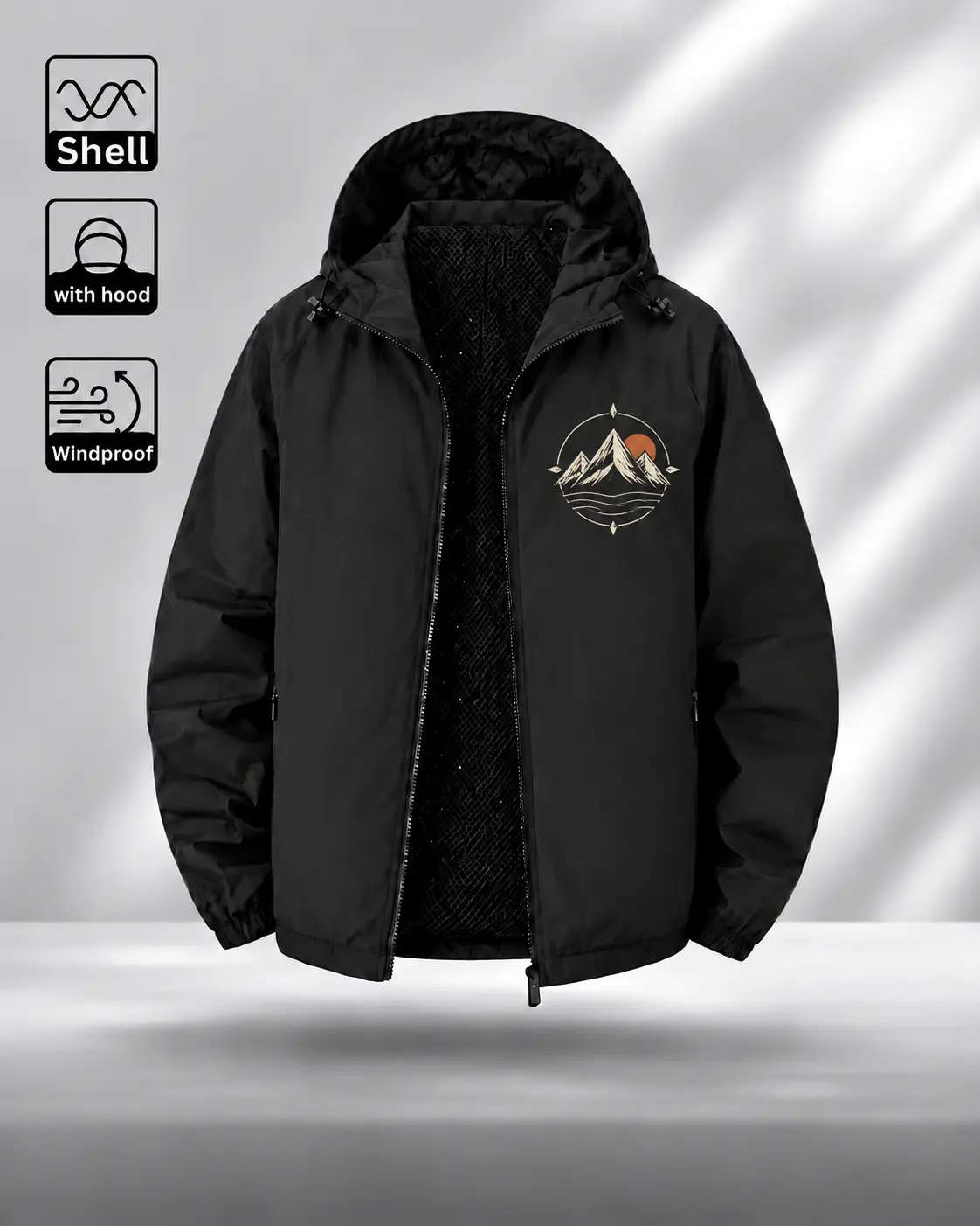 Alpine Mountain Windbreaker Jacket with Hood, Zip-Up Shell with Compass and Sunset Back Graphic, Nature Casual Outerwear