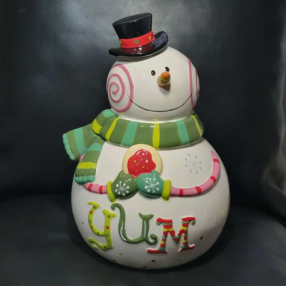 Lori Siebert Festive Ceramic Snowman Cookie Jar with Top Hat and Yum Design - Oneida Rare Find for Holiday Decor Storage Canister