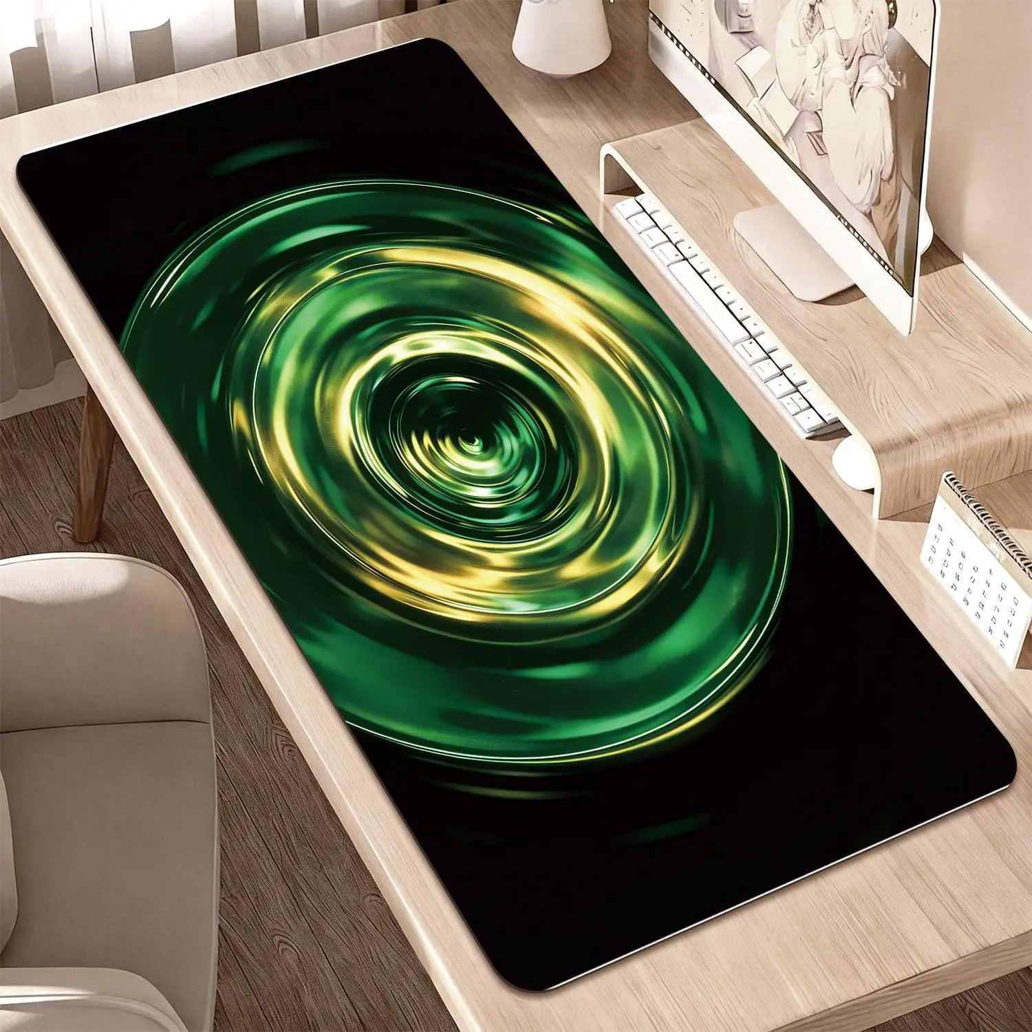 Sublimation Rectangular Mouse Pad, Premium Green & Gold Abstract Swirling Energy Design, 40x80cm Non-Slip Rubber Base Durable Mat for Office Users & Gaming Comfort