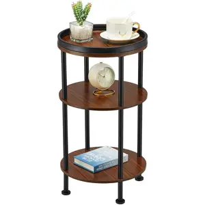 Side Table, Small Round Side Table for Small Spaces, 3-Tier Round Accent Table Slim Side Table, Modern Sofa End Table Corner Table for Living Room Bedroom Nightstand (Classic, Cherry)