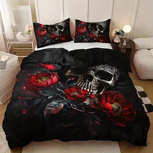 3pcs Gothic Skull Floral Duvet Cover Set (1 Duvet Cover + 2 Pillowcase Without Pillow Insert), Soft Breathable HD Printing Bedding Set For Home Dorm Decor For Halloween, Decorative Duvet Cover