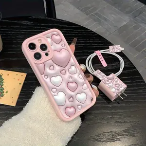 Heart Pattern iPhone Phone Case Cover Set with 5 Cases, Charger Cap 1, Data Cable Protectors 2, Storage Strap 1 for iPhone 11/12/13/14/15/16 Accessories Protection