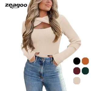 Zeagoo Women's 2024 Clothes Twist Front Cutout Tops Long Sleeve Crew Neck Rib Knit Winter Pullover Sweater S-XXL sweater Womenswear Breathable