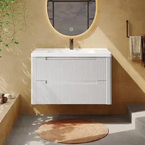 【Valentine's Day gift】ONBRILL Modern Bathroom Vanity with Sink Combo, Curved Floating Bath Vanity with 2 Soft Close Drawer, Wall Mount Bathroom Vanities with Integrated Ceramic Sink for Small Space, Apartment