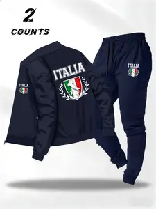Men's Two-Piece Stand Collar Jacket Set with Sport Pants, Zip Design, Drawstring Pockets, Italian Trend Letter Pattern, Fall & Winter Athletic Tracksuit Set