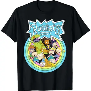 Rugrats Group Rainbow Circles Classic Title Graphic T-Shirt Cute Cartoon Animation Movie Unisex Trendy Cotton Breathable Street Style Tee