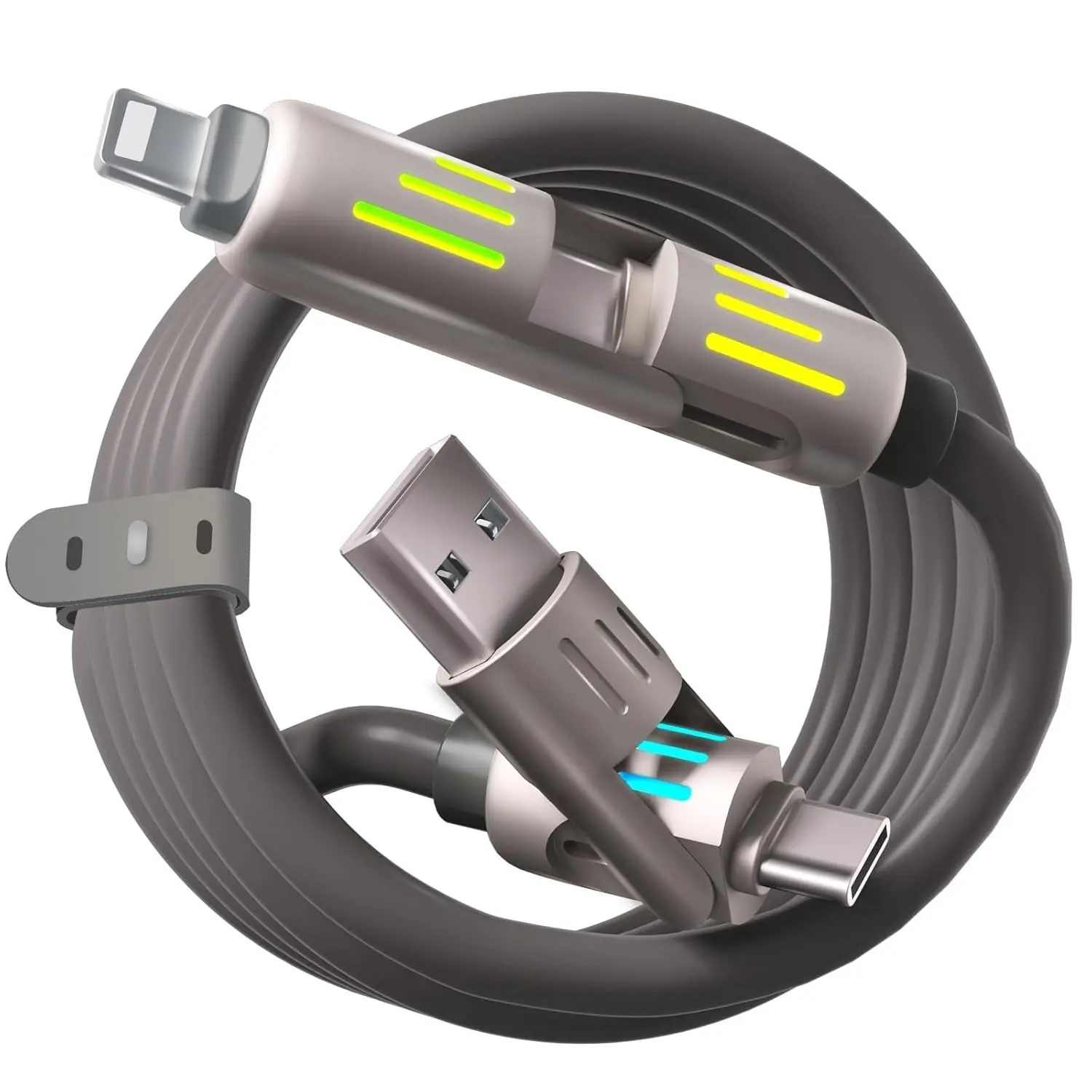 240W 4-in-1 USB C Cable with LED Indicator, PD 5A Fast Charging & Data Sync, Silicone, Compatible for iPhone, Samsung, Laptop, Multi Device, 5FT (Gray)