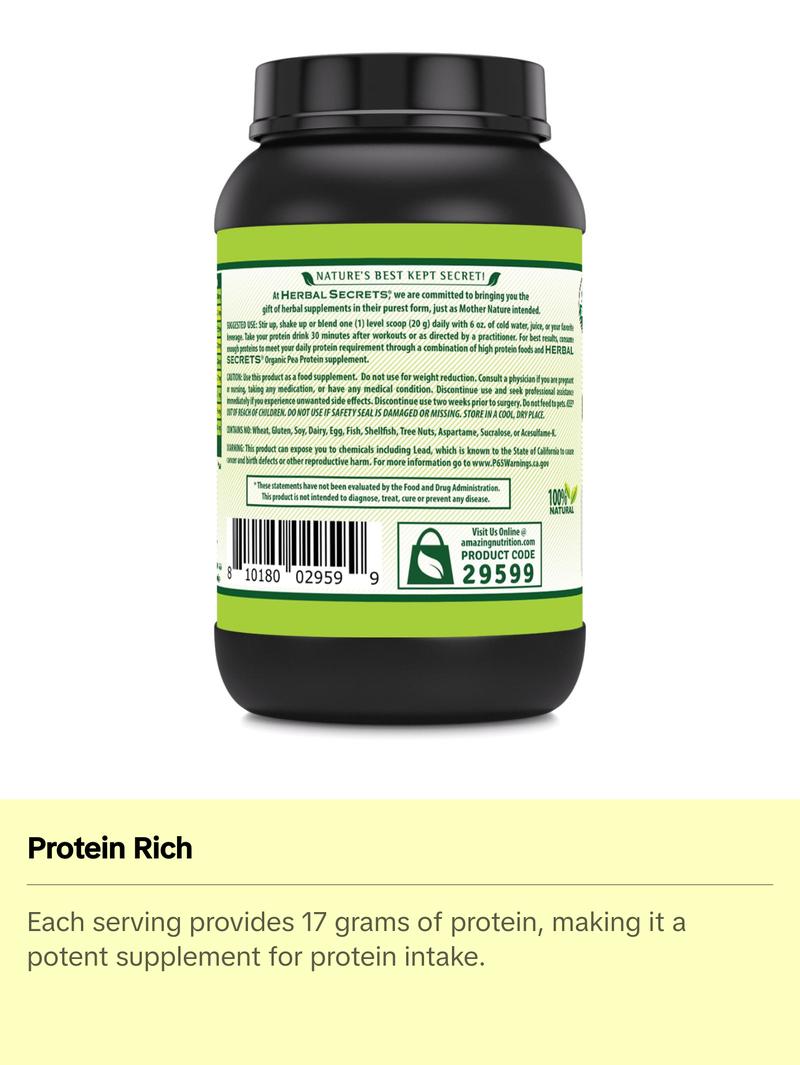 Herbal Secrets USDA Organic Pea Protein Powder | 2 Lb. | 17 Grams Protein per Serving | 34 Servings | Non-GMO | Gluten-Free | Made in USA