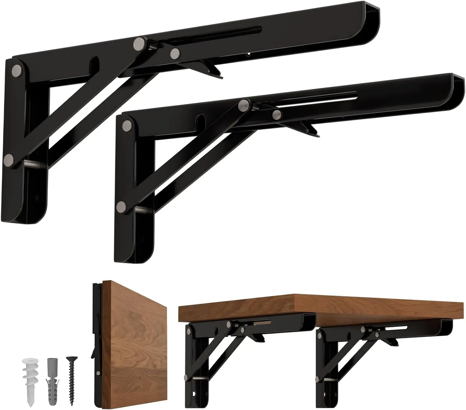 8 Inch Folding Shelf Brackets, 2 Pack Foldable Shelf Supports Heavy Duty Triangle Wall Mounted Collapsible Brackets for Fold Down Table, Space Saving for Bench Table with Screws,