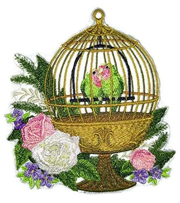 Lovebirds with Cage Embroidered Patch (4.85" x 5.25") | Iron-On or Sew-On | Romantic Vintage Applique for Jackets, Bags & DIY Fashion