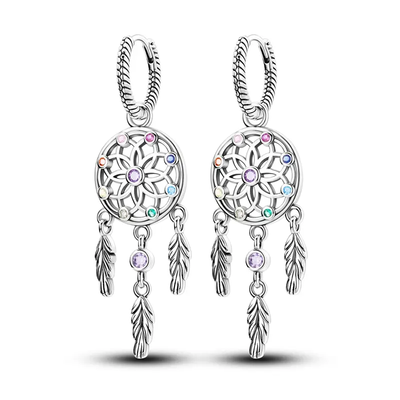 Feather tassels Drop Earrings 925 Sterling Silver, Multicolor CZ Paved, Boho Feather Tassel Design For Boho Style/Birthday/Everyday Wear