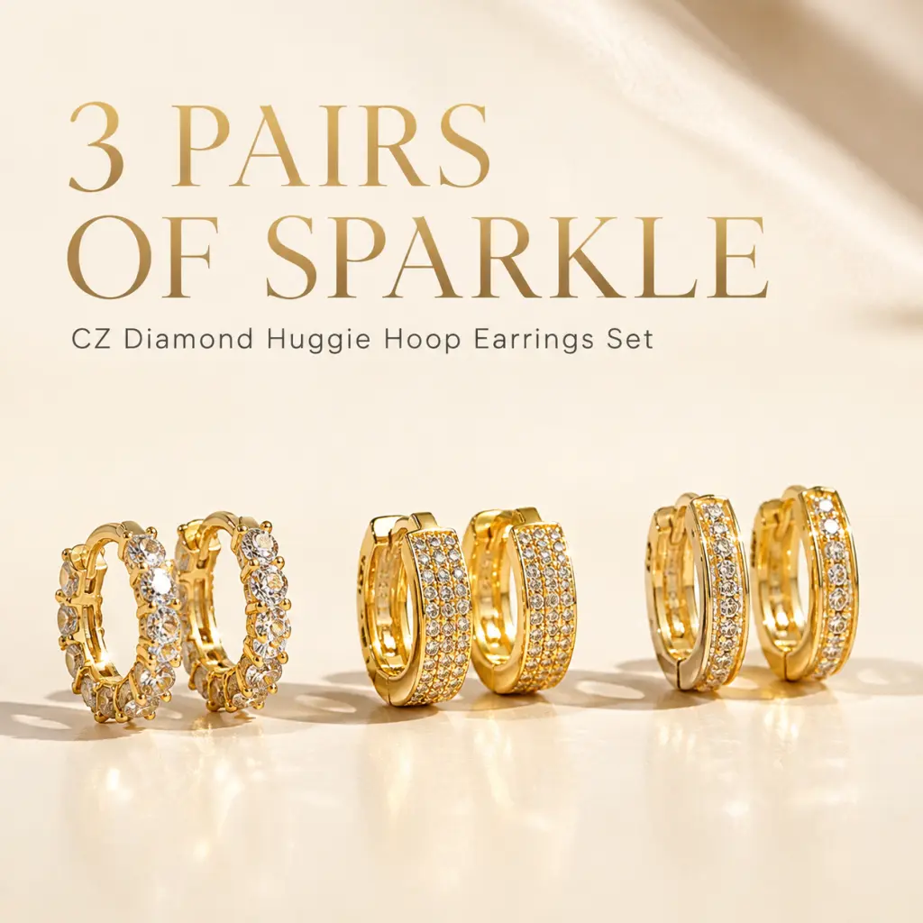 Gold Huggie Hoop Earrings 3 Pairs Set, 14K Gold-Plated Hypoallergenic CZ Diamond Inlaid, Tarnish Resistant Sparkly Long Lasting Shine, Women Ladies Jewelry, Daily Dating Wedding Party Stackable Wear 2026 Trending Statement Fashion Accessories