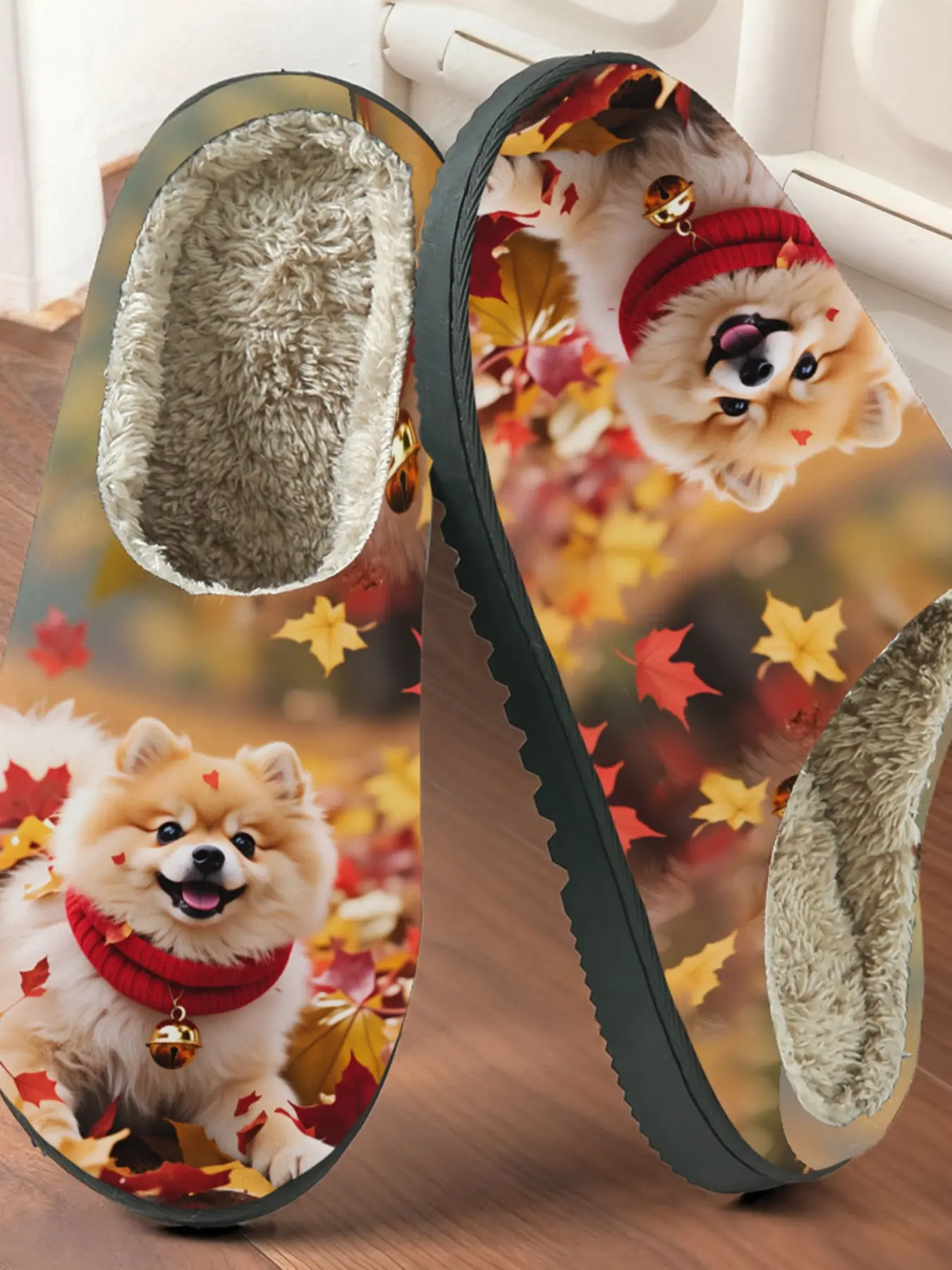 Autumn Pomeranian Print Cotton Slippers, Warm Healing Style, Fuzzy Lined Anti-Slip Thick Sole, Home Unisex Fall Winter Shoes