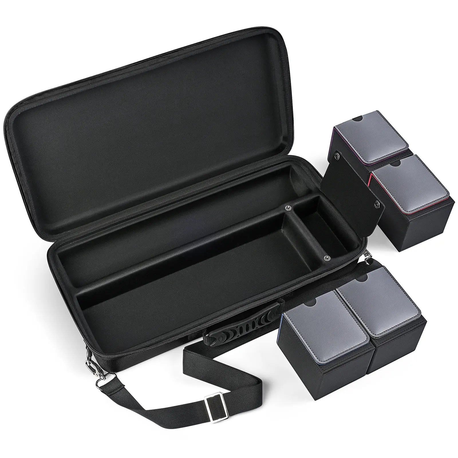 AAXKK Playmat & Deck Box Carrying Case With 4 Deck Boxes – For TCG/CCG/MTG, 3 Compartments for Playmat, Deck Box and Dice, with Adjustable Shoulder Strap, Handle, Fits 14"-16" Playmats