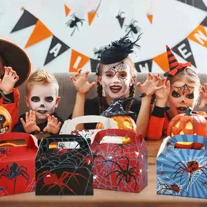 32 Pieces of Halloween Spider Paper Tote Boxes, Festive Gift Packaging, Foldable with Thickened Handles, Creative Pumpkin Party Decoration
