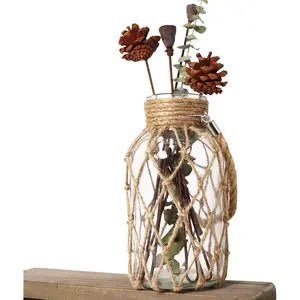 Rustic Hanging Mason Jar Creative Rope Net Dry Flower Glass Vase with Handle