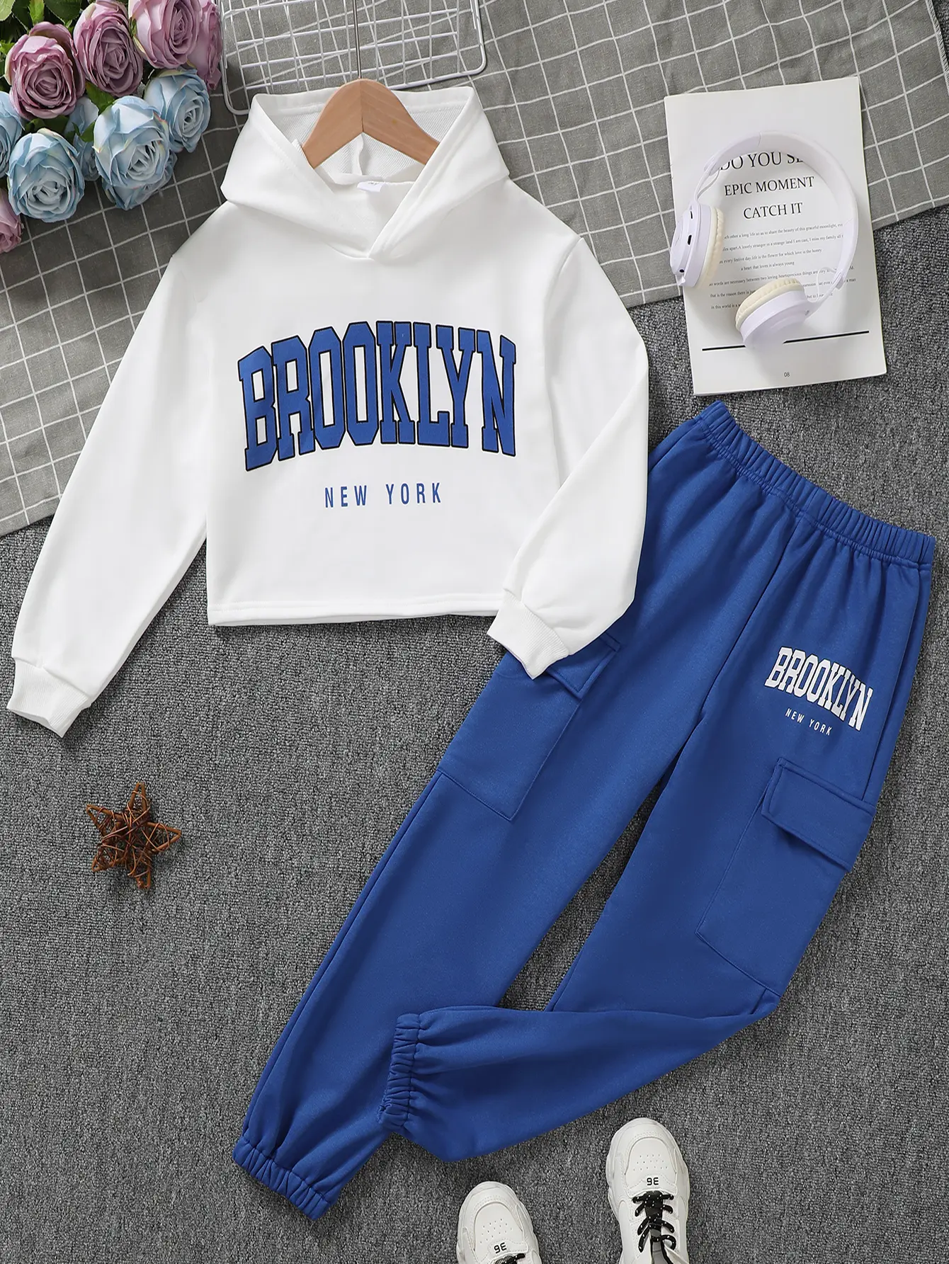 Outfits For Big Boys BROOKLYN Letter Graphics Hooded Tops & Cargo Pants Set 2Pcs Spring Autumn Clothing From 8-12T,Ready Stock 132406007