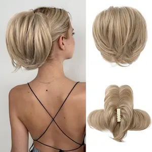 Ponytail Extension, Claw Clip in Straight Messy Hair Bun 9 Inch Short Ponytail Extension with Bendable Metal Wire Hair Pieces for Women Fake Hair Bun DIY Styles - Medium Golden Blonde