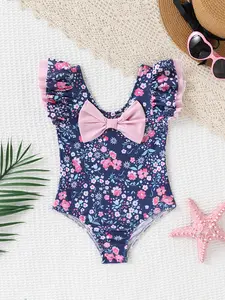 Girls' One-Piece Floral Print Ruffle Sleeve Swimsuit, Soft High-Elastic Quick-Dry, Beach Pool Swimwear, Vacation Surfing